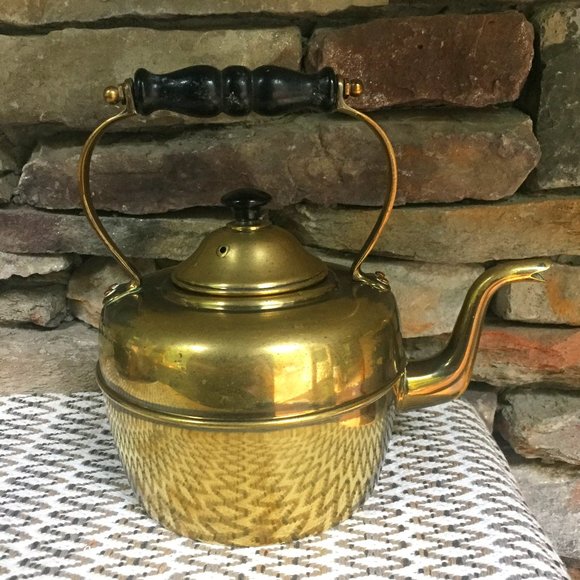 VTG Brass Kettle England Tea Wood Handle Boho